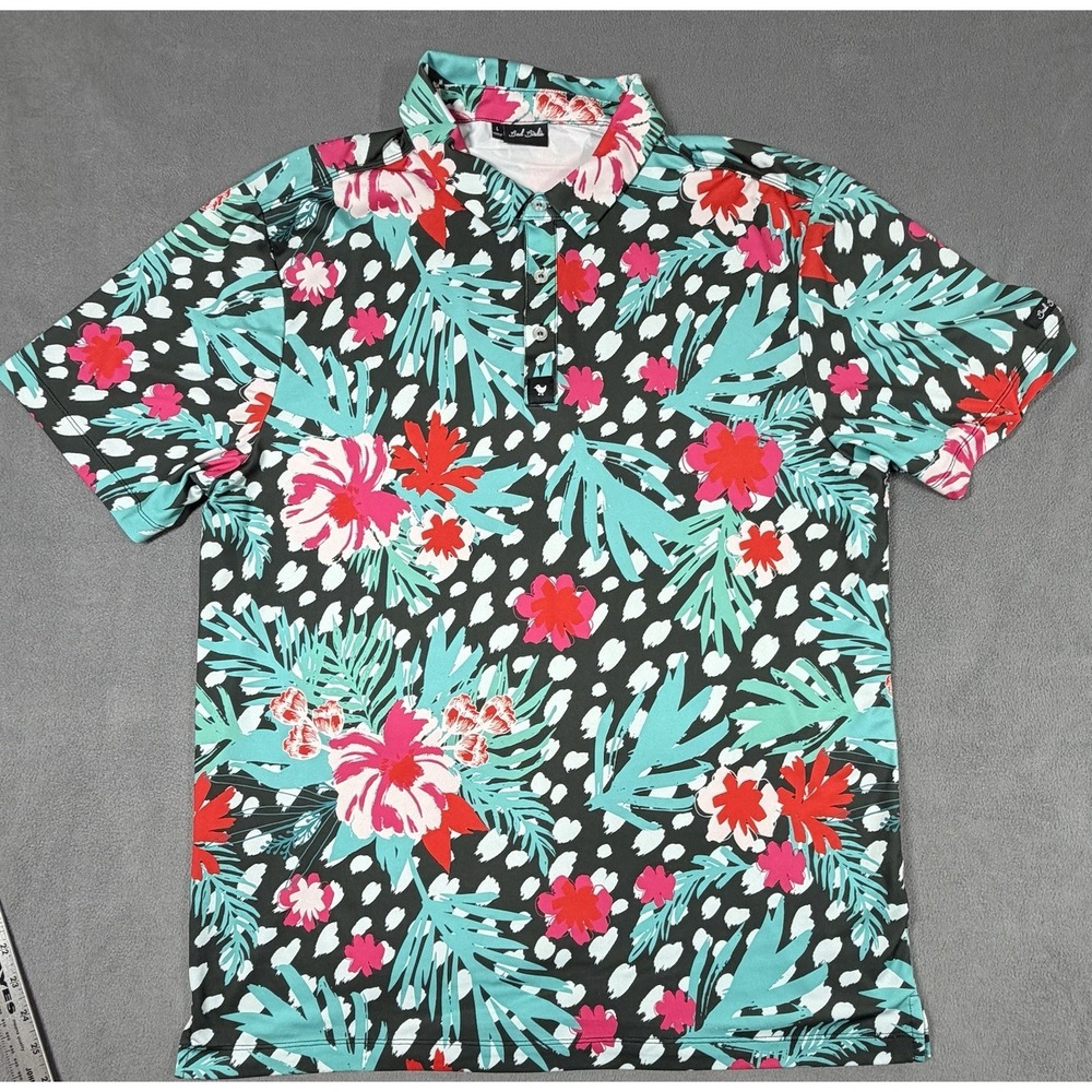 Bad Birdie Golf Polo Shirt Mens Large Floral Hibiscus Polyester Spandex Teal L